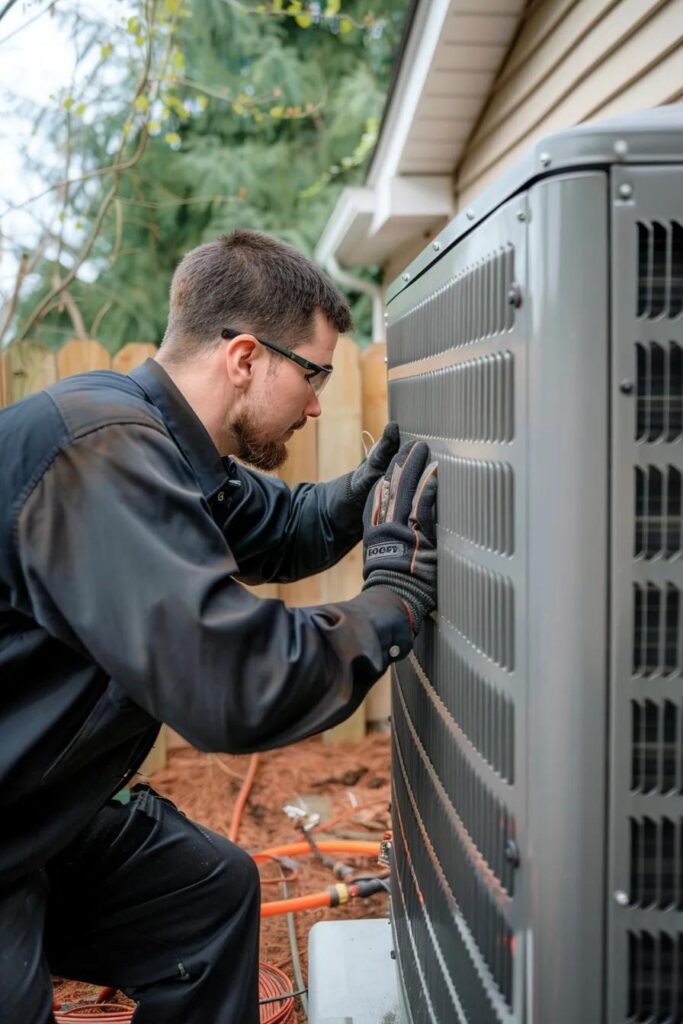 Troubleshooting Unusual HVAC Smells 8 A skilled technician carefully examining a modern HVAC unit in a pristine home setting