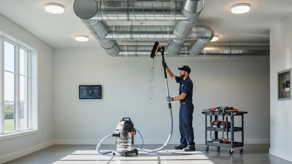 Boost Your Home's Air Quality with Expert Air Duct Cleaning 1 Professional HVAC technician cleaning air ducts to improve indoor air quality